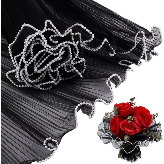 LQQBOX 3 Pack 4.37 Yards Black Flower Wrapping Mesh Paper, Pearl Edge Bouquet Packaging Paper Wrinkled Translucent for Wedding Decor, Florist Supplies Wedding Festival Gifts Packaging