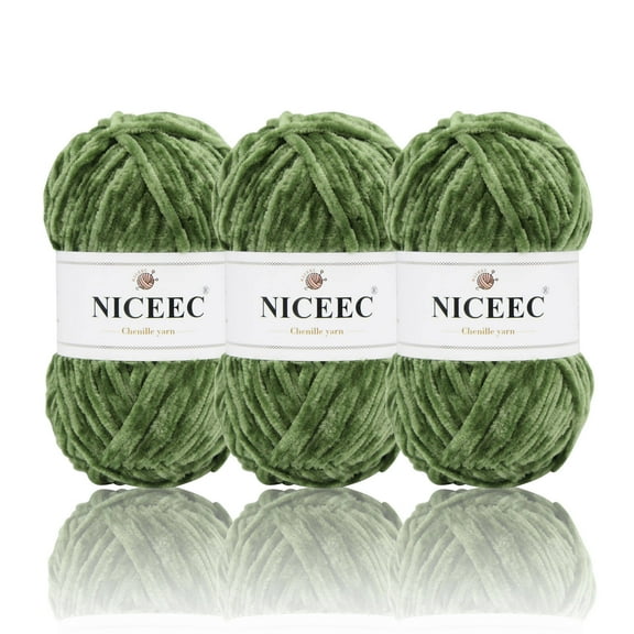 NICEEC 3 Skeins Soft Chenille Yarn Blanket Yarn Velvet Yarn for Knitting Fancy Yarn for Crochet Weaving DIY Craft Total Length 3×85m (3×93yds, 3×50g)_Army Green