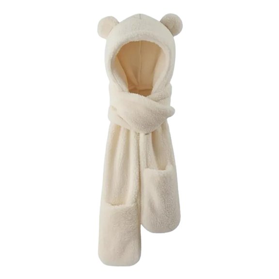 Bear Beanie Scarf - Winter Hoodie Hat Scarf Gloves Set, 3 in 1 Warm Plush Coral Fleece Animal Hats, A Winter Gift Suitable for Girls, A Cold Resistant Decorative