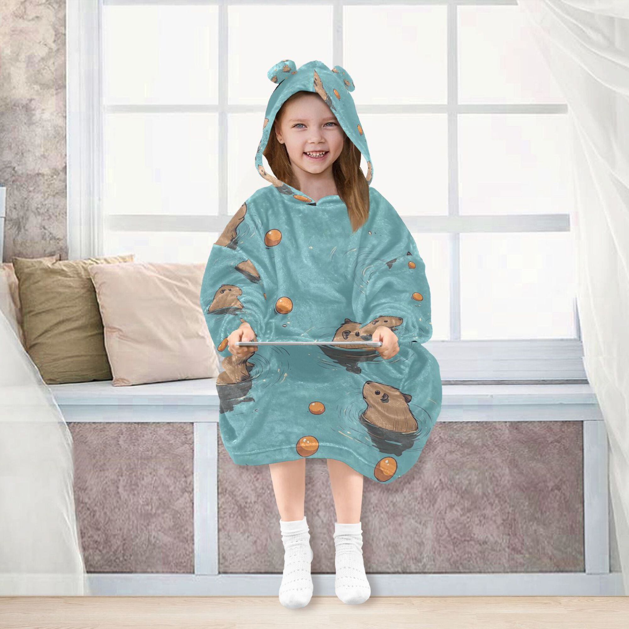 FORMRS Wearable Blanket Hoodie with Sleeves for Kids Cozy Flannel Sweatshirt, Cartoon Capybaras