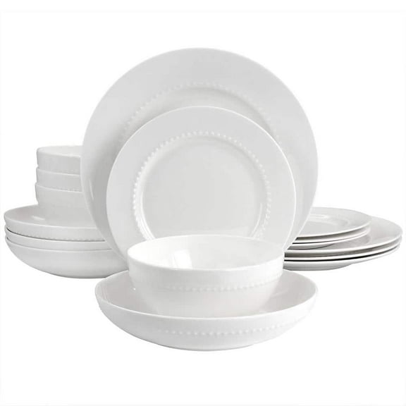 Embossed Bone China 16-Piece Double Bowl Dinnerware Set in White