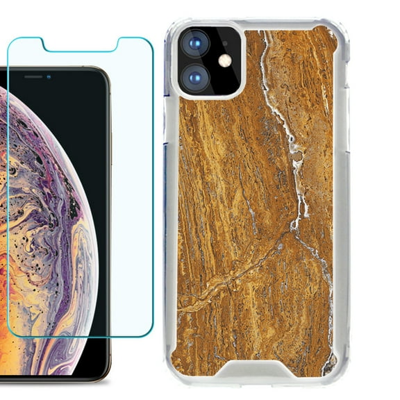 For Apple iPhone 11 Case, Hybrid Bumper Phone Case, with Tempered Glass Screen Protector, by OneToughShield ® - Marble / Earth