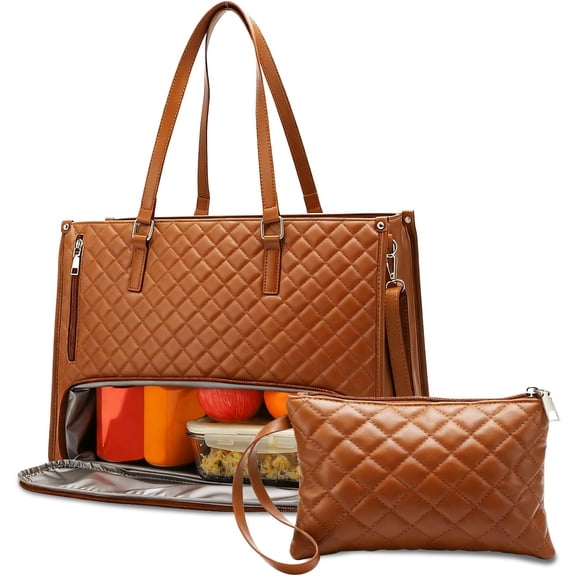 Women’s 15.6-Inch Laptop Tote with Insulated Lunch Section, PU Leather Work Bag with Leak-Resistant Compartment and Wristlet Pouch, Brown
