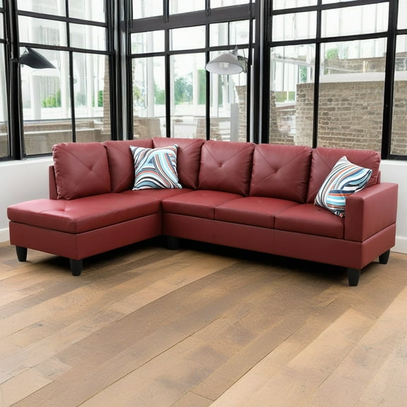 Hommoo Faux Leather Modern Sectional Sofa, Living Room Furniture Sets,L Shaped 4-Seat Couch Sofa Set for Home, Apartment, Dorm, 16'' Back Height, Red(No Ottomans)