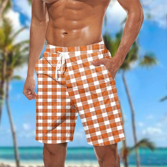 COSFO Summer Men Shorts Plaid Casual Cotton Shorts Elastic Waist Lounge Beach Drawstring Loose Fit Shorts