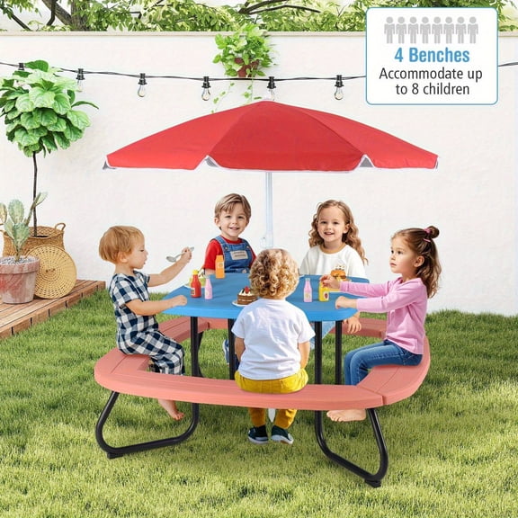 Kids Picnic Table, Outdoor Activity Table with Adjustable & Collapsible Umbrella, 4 Built-in Benches for up to 8 Children, HDPE Picnic Table Set with Sturdy Metal Frame for Ages 3 Years Old