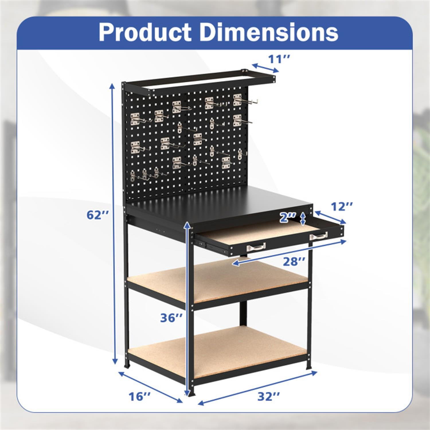 Demi Bonn 32" x 16" Workbench Work Table with 2 PCs Pegboard Drawer and Shelves, 4-Tier Heavy Duty Metal Tool Storage Bench for Garage, Workshop, Black