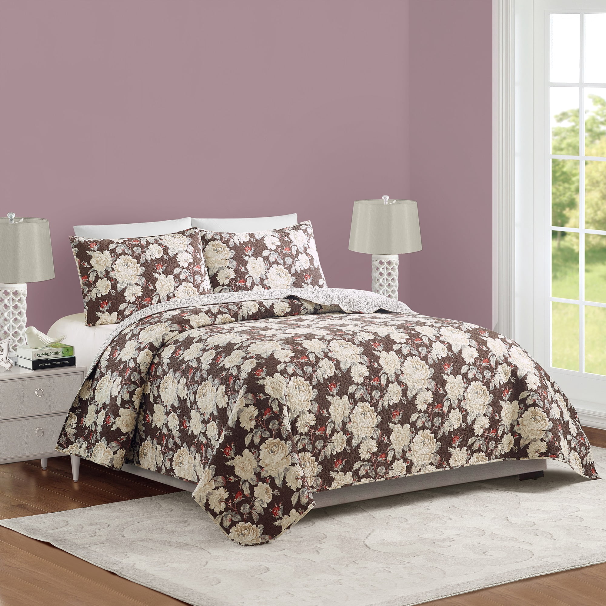 Modern Heirloom Rambling Rose Brown 2-Piece Quilt Set, Twin