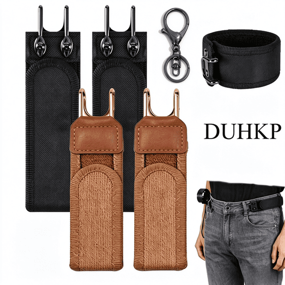 DUHKP 4 Pack Belt Hooks with Buckleless Elastic Belt, Metal Hook No Buckle Stretch Waist Belt Set for Men, Comfortable Fit for Work Casual & Outdoor, Valentine's Day Gift