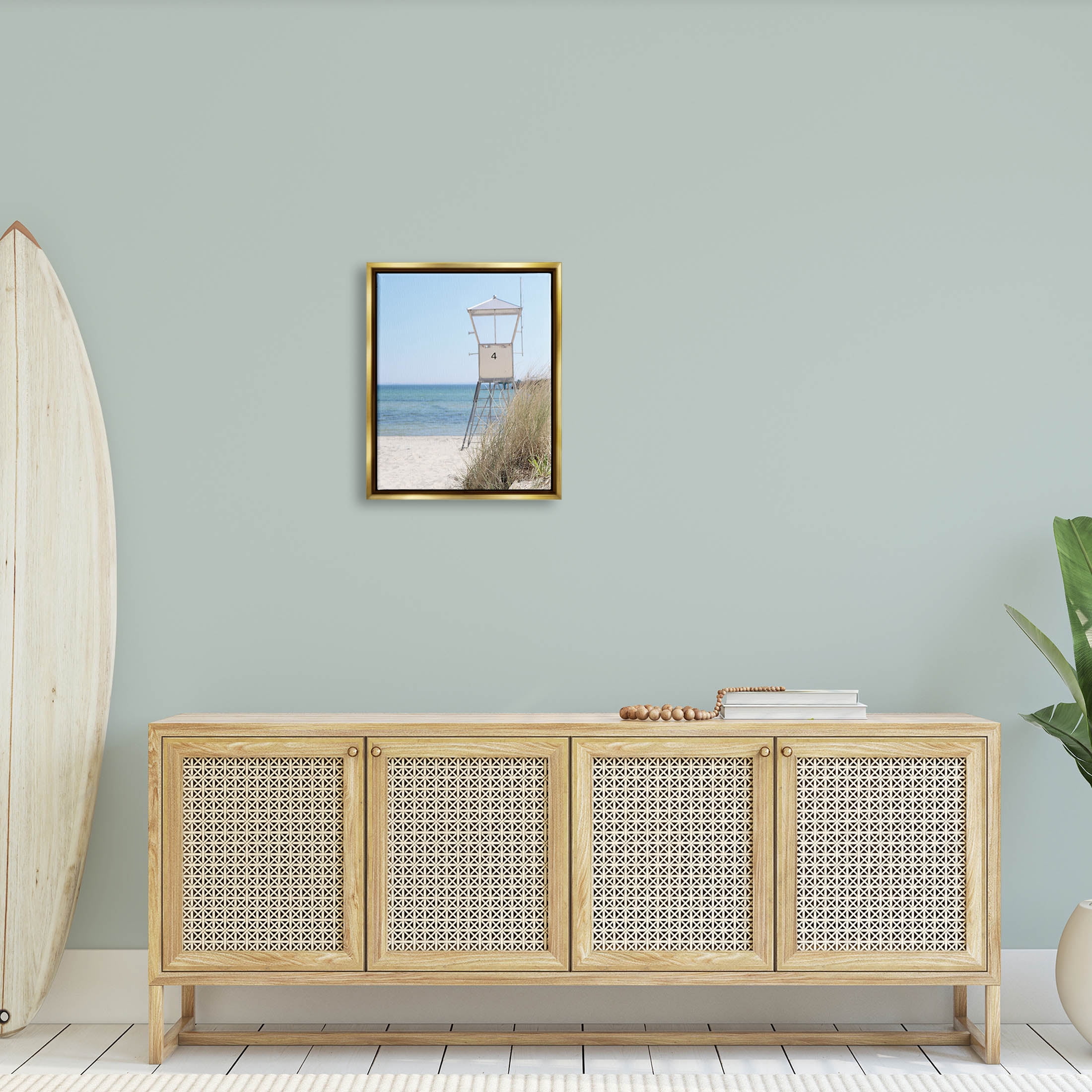 Summer Beach Hut Clear Skies Coastal Photograph Metallic Gold Framed Art Print Wall Art