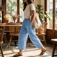 thumbnail image 6 of Wide Leg Capri Pants Women Flowy Cotton Drawstring Elastic Waist Cropped Pants Summer Casual Boho Beach Pants with Pockets Light Blue, 6 of 9