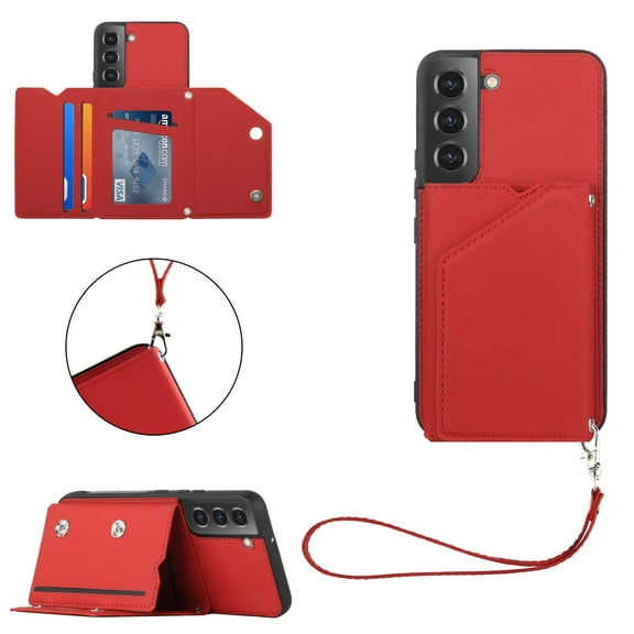 Feishell Fit for Samsung Galaxy S22 5G Phone Case with Wrist Strap,Shockproof Premium PU Leather Back Magnetic Buckle Flip Kickstand Credit Card Slots Anti-Scratch Protective Cover,Red