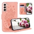 thumbnail image 1 of Embossed Wallet Case For Samsung Galaxy S21 FE , Retro PU Leather Butterfly Rose Pattern Card Slots Cash Pocket Flip Stand Magnetic Closure Protective Cover For Samsung Galaxy S21 FE,Pink, 1 of 11