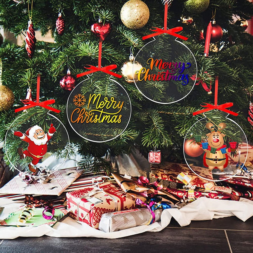 Home Decor 30Pcs Clear Acrylic Round Diy Craft Christmas Tree Decor Pendant Set with Ribbon
