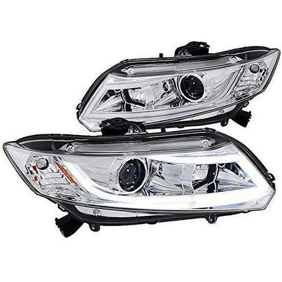 DRL LED Light Bar Strip Projector Headlight Head Lamp Replacement in Chrome Housing Clear Lens Made For And Compatible With 2012 - 2015 Honda Civic 12 13 14 15
