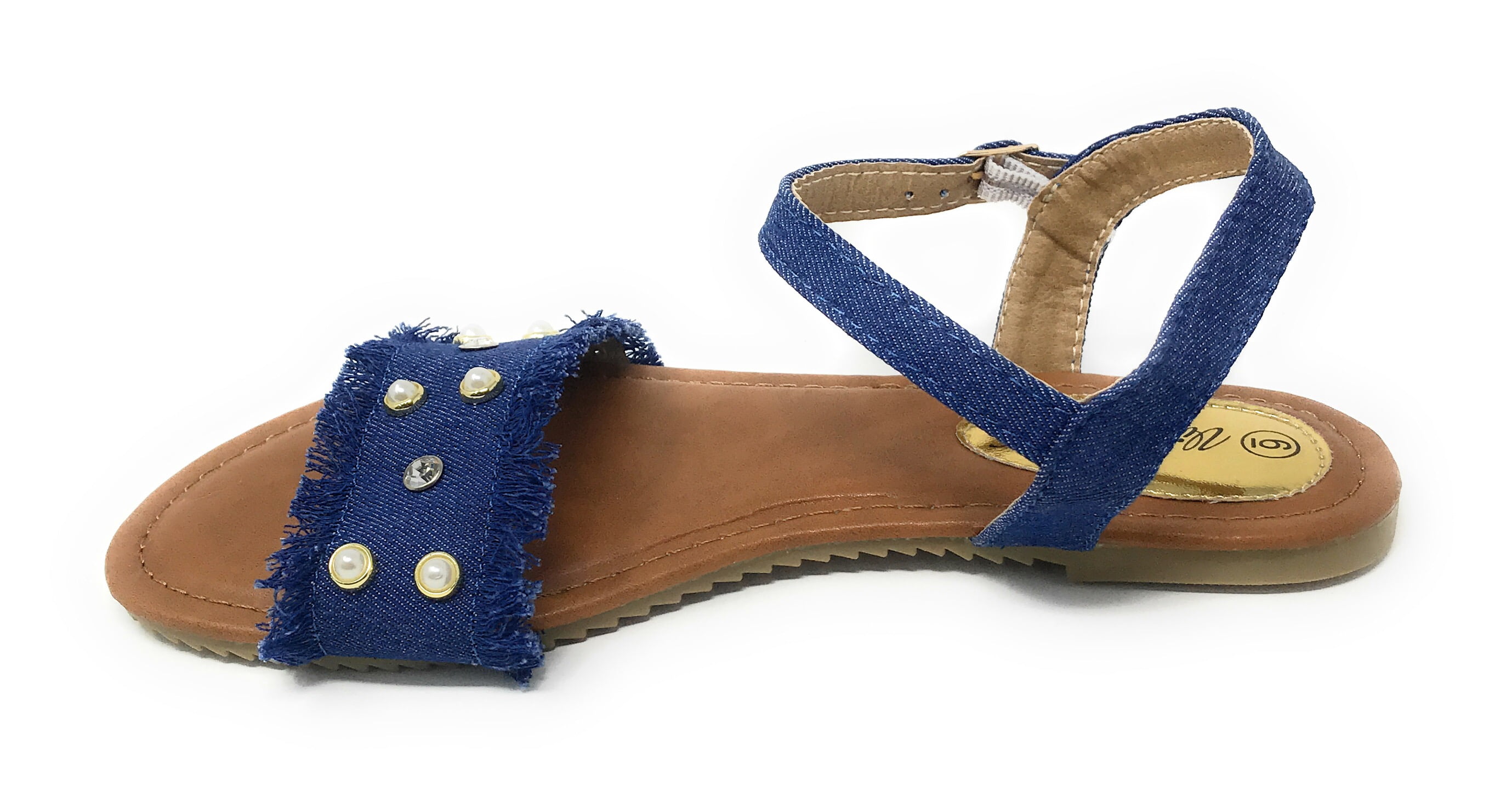 Victoria K Women's Fringed Denim With Studs And Rhinestone Sandals