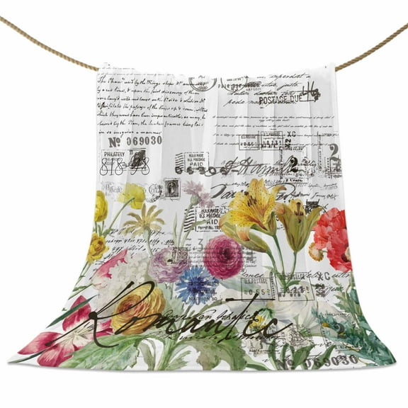 Flannel Fleece Blanket Colorful Flower Floral Super Soft Warm Cozy Throw Blanket Retro Postmark Bed Couch Car Blankets for All Season 40" x 50"