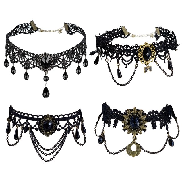 Conjunto de collar gótico de 4 piezas, gargantilla de encaje negro, bisutería victoriana retro para Halloween, carnaval, disfraz de cosplay, mascarada, decoración de Pentecostés