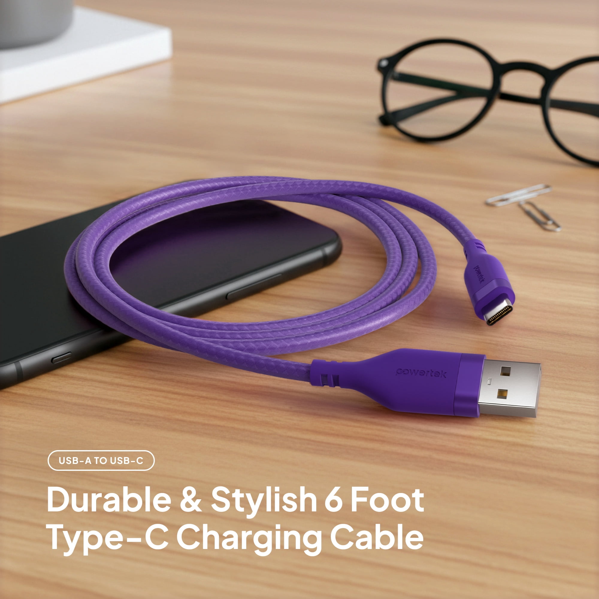 Powertek USB-A to USB-C (Type-C) Charging Cable, Carbon Design Texture, 6 ft, Purple