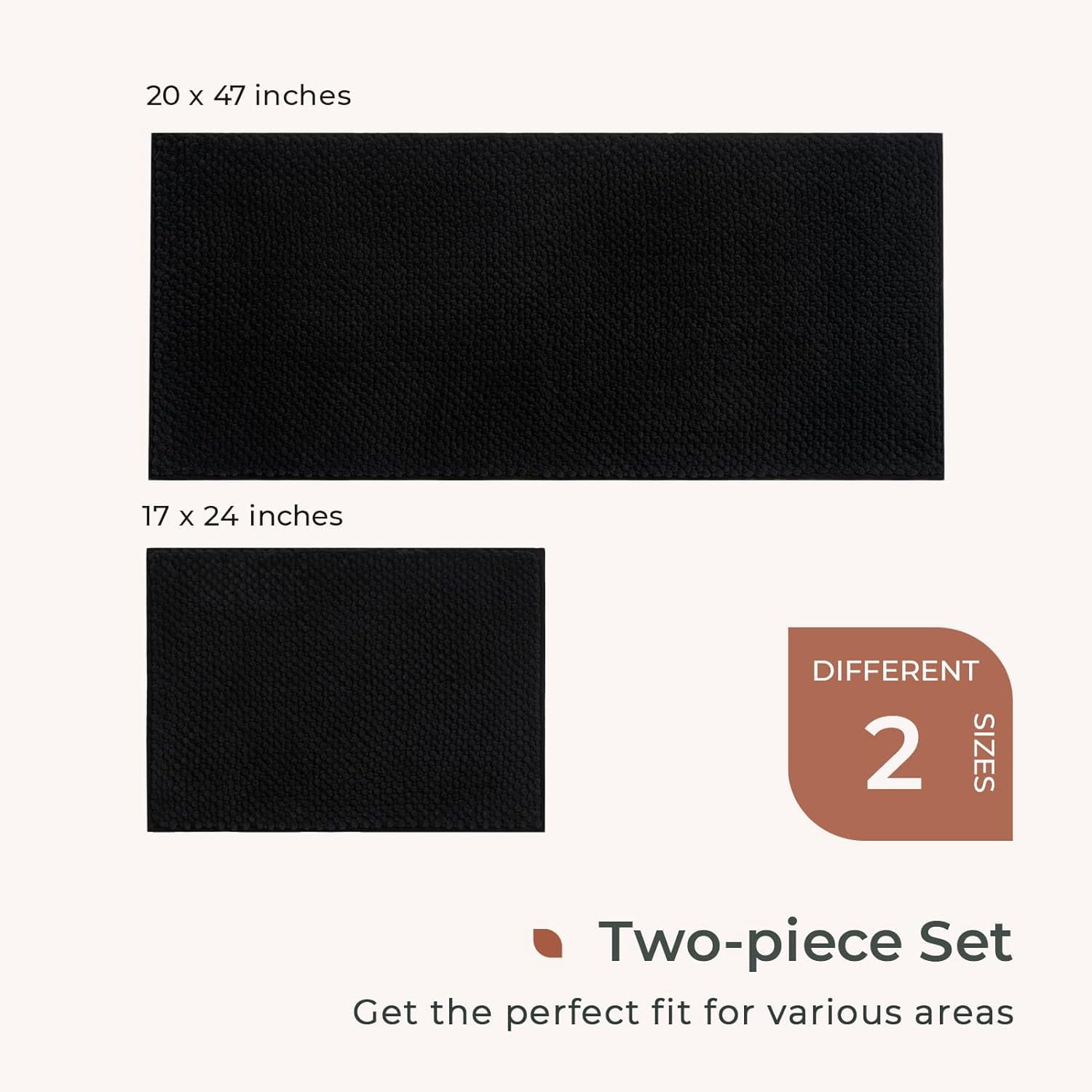 FRESHMINT Chenille Bathroom Rugs Set - 2 Piece (17''x24''+20''x47''), Non-Slip Bath Mats, Water Absorbent, Washable Shower Floor Mat, Black