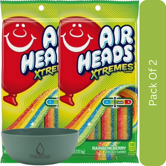 Airheads Xtremes Belts Candy, Rainbow Berry, 4.5 oz Bag-2pk, With Olive Green Bowl By ValueNest