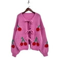 thumbnail image 2 of Womens Tie Front Cardigan Cute Cherry Open Front Y2k Sweater Oversized Chunky Knit Cardigan Tops Rose Pink XL, 2 of 10
