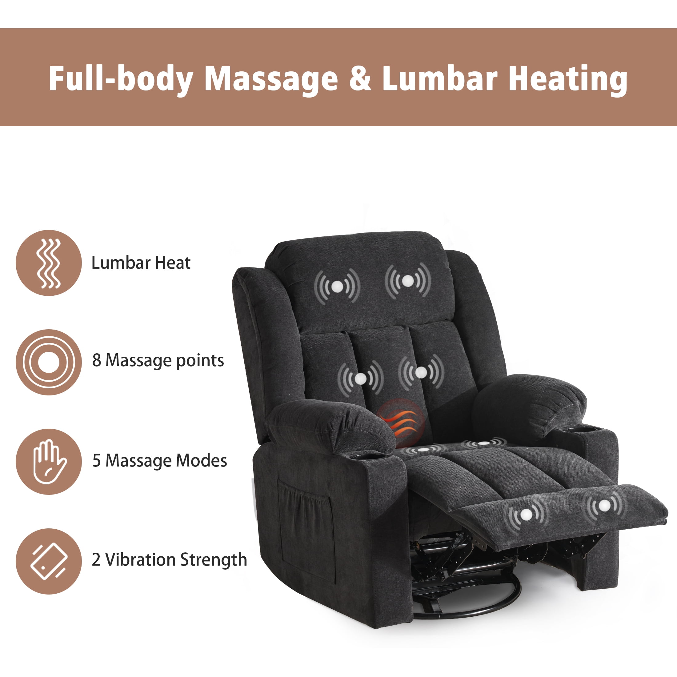Sfxingyou Adult Fabric Solid Print Recliner Chair with Massage and Heat, Black Fabric