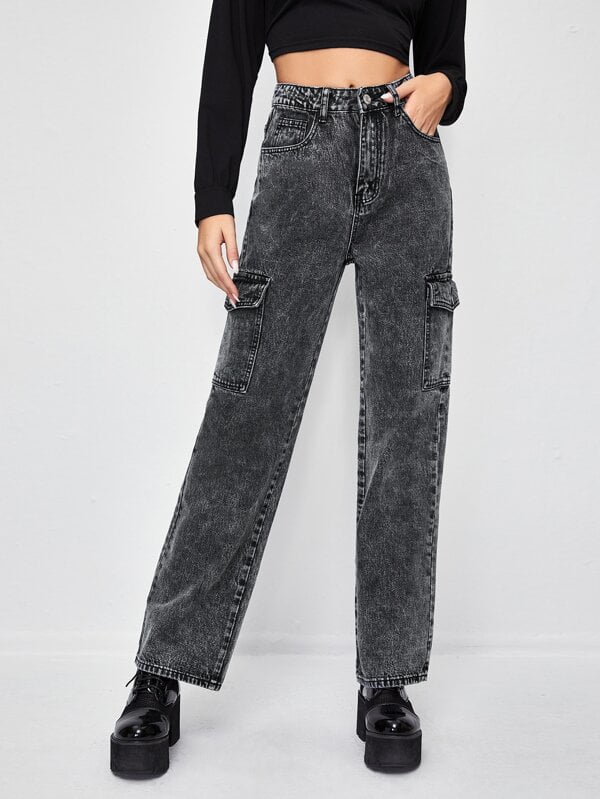 CPOKRTWSO Women's High Rise Jeans Flap Pocket Straight Leg Jeans ...