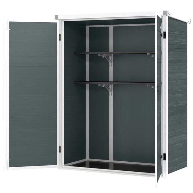 Outdoor Plastic Garden Storage Shed with Lockable Double Doors & Foldable Shelves, Wood-Effect Distressed Grey Weather-Resistant Tool Shed for Patio, Backyard, 52.8"W x 66.9"H