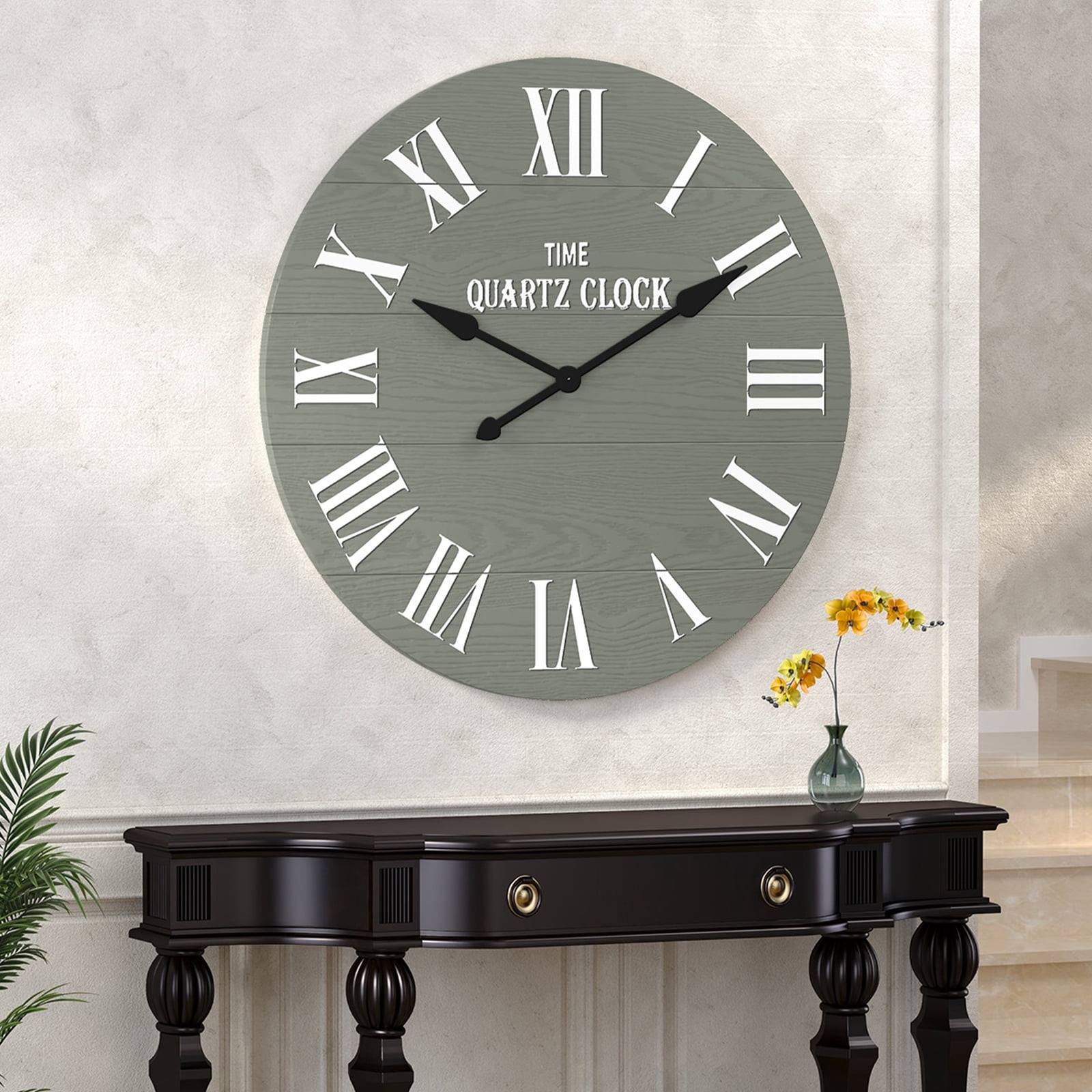 HLR 35.5” Farmhouse Large Shiplap Round Wall Clock with Roman Numeral for Living Room Decor, Green