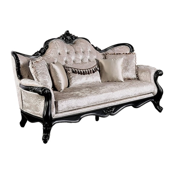 Paulo Sofa, Off White Fabric, Carved Details, Black Solid Wood, 85 Inch