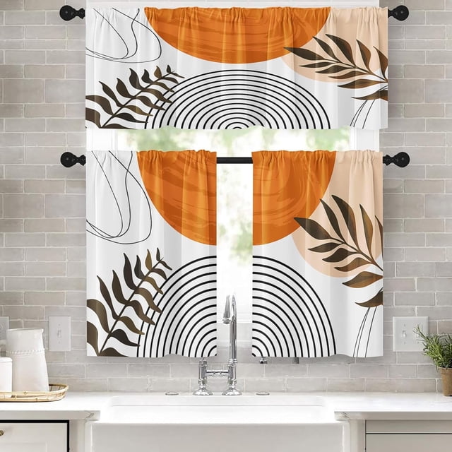 Boho Kitchen Curtains Geometric Window Curtains Valance and Tier Set 36 Inch, Summer Palm Tree Orange Sun Rod Pocket Short Tier Curtain, Tropical Small Cafe Curtains for Kitchen Decor