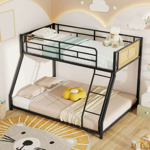 Auranook Metal Bunk Bed Twin Over Full Low Profile Bunkbeds w/ Full Length Safety