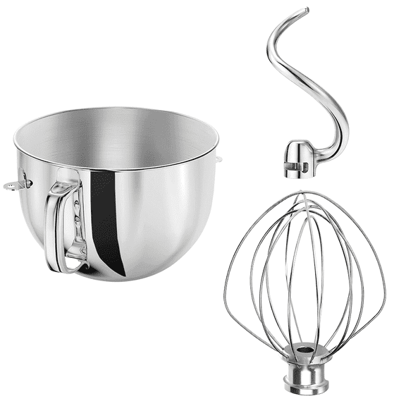 Cfweater Compatible with KitchenAid 6-Quart Bowl-Lift Mixer 6QT Stainless Steel Bowl with Handle, Dough Hook & 6-Wire Whisk Set, 3-Piece, Dishwasher Safe
