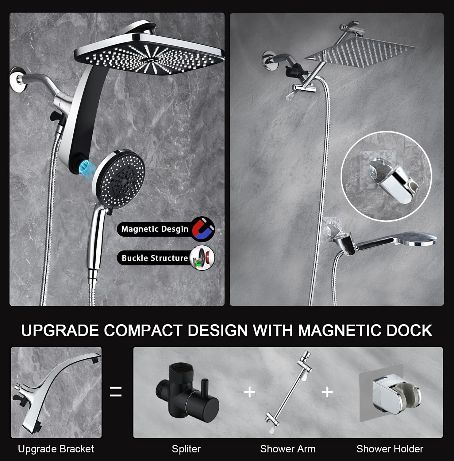 High Rain Shower Head: Upgrade Heads With Handheld Spray Combo Fixed Showerhead And 10 Sprays Head  Detachable Built-in Magnetic Docking Power Jets