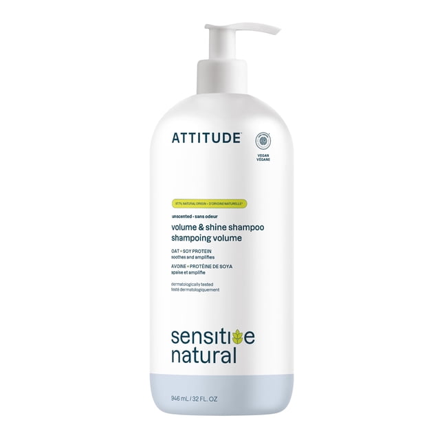 ATTITUDE Hair Shampoo for Sensitive Skin, Extra Gentle and Volumizing, Plant- and Mineral Ingredients Enriched with Oatmeal, EWG Verified, Vegan and Cruelty-free, Unscented, 32 Fl Oz, 60501
