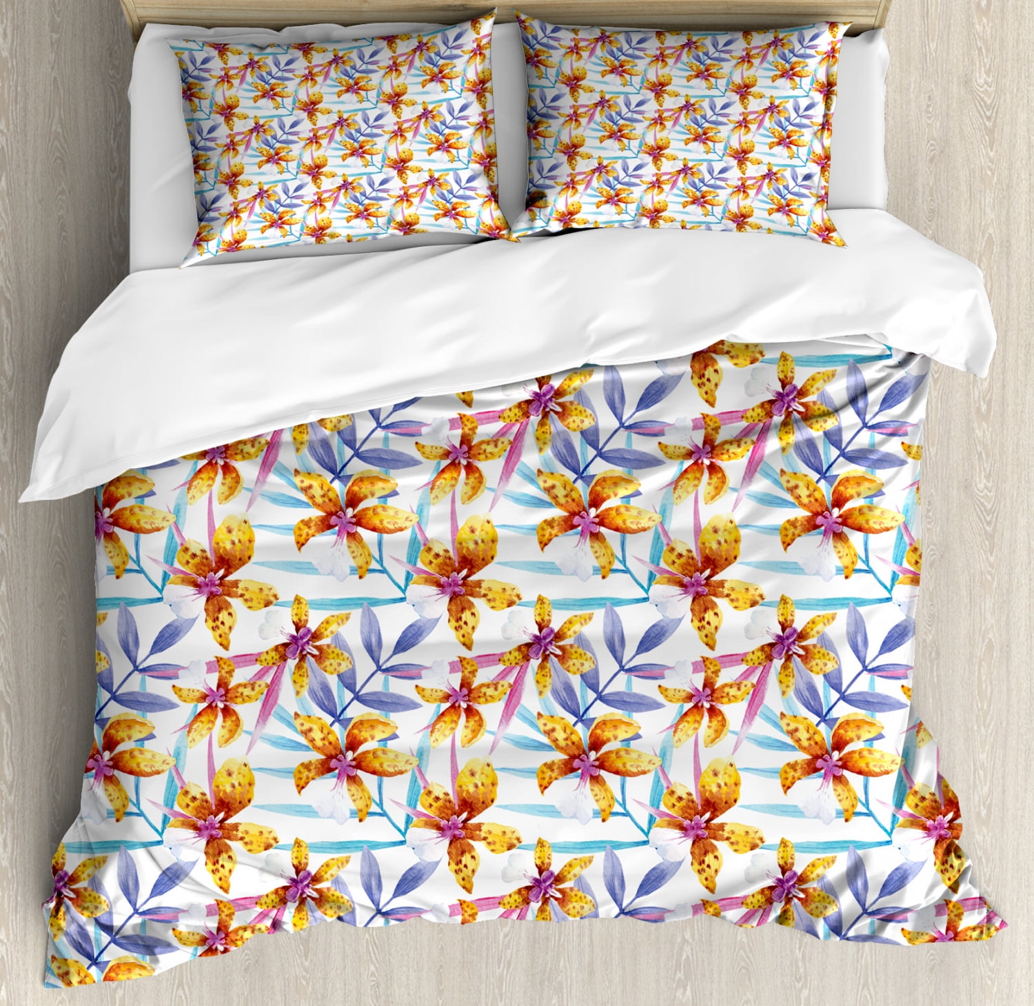 Orchids Duvet Cover Set King Size, Pattern with Orchid Heliconia