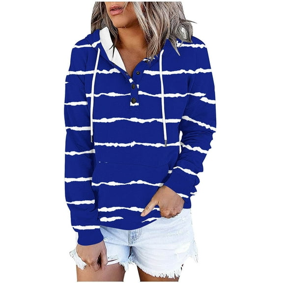 Olyvenn Women's Striped Print Drawstring Hoodies Long Sleeve Sweatshirt Y2K Hip-hop Pullover Button Down Top with Pocket Blue L