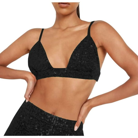 IROINNID Reduced Balconette for Women Summer Solid Color Nightclub Style Sequined Bra Black