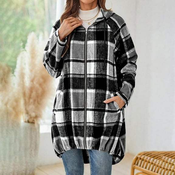 Ailaofu Women's Flannel Plaid Jacket 2025 Casual Oversized Soft Long Sleeve Lounge Lapel Zipper Hooded Trench Coats