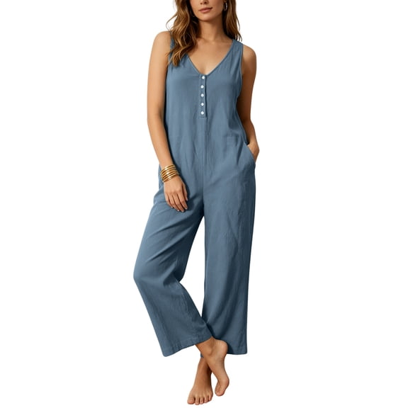 PUWEI Women's Casual Cotton Linen Jumpsuits V-Neck Button Sleeveless Overalls Loose Wide Leg Rompers with Pockets