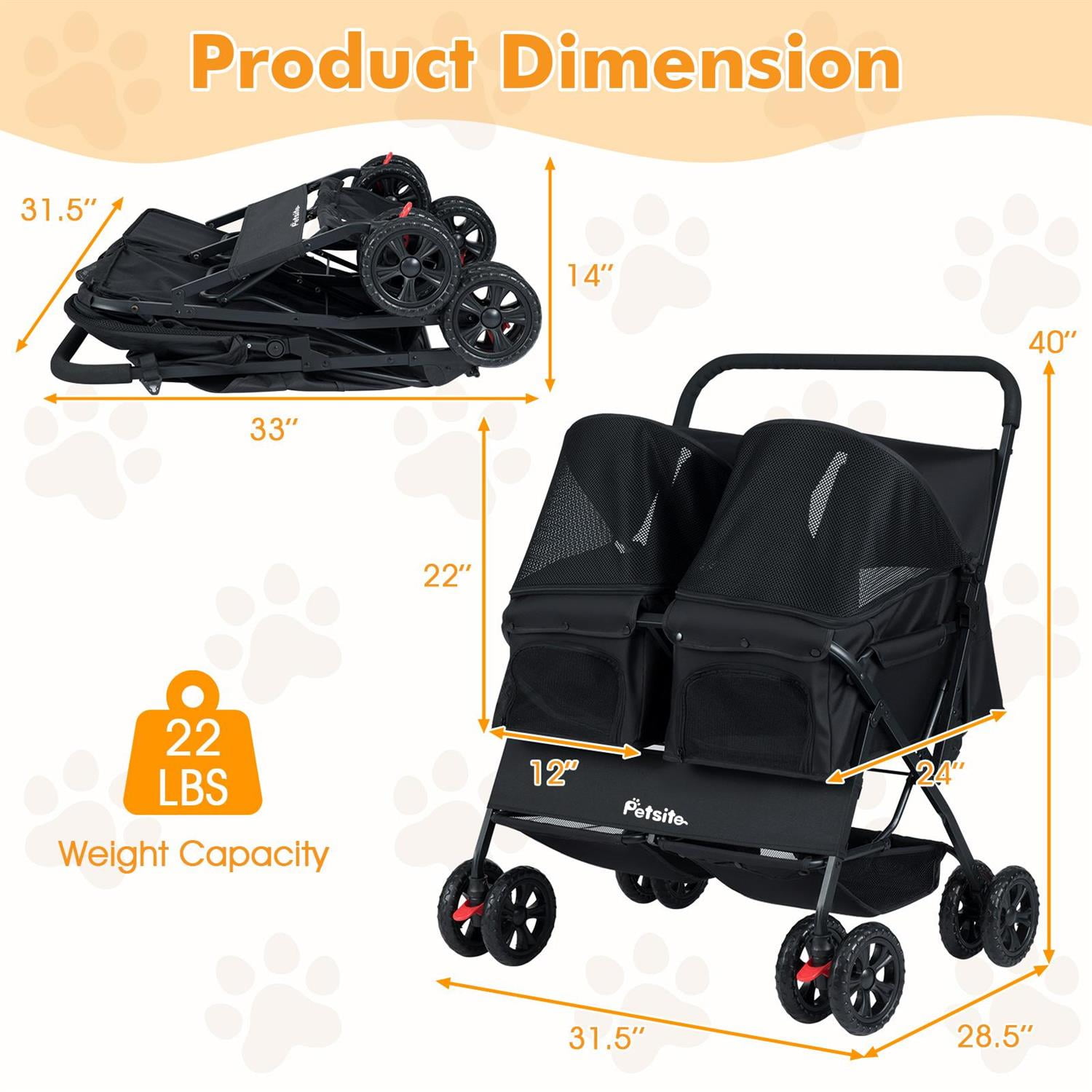 Pefilos Foldable Double Pet Stroller, Adjustable Sunshade & Storage Basket, Rustproof Aluminum Frame, Black