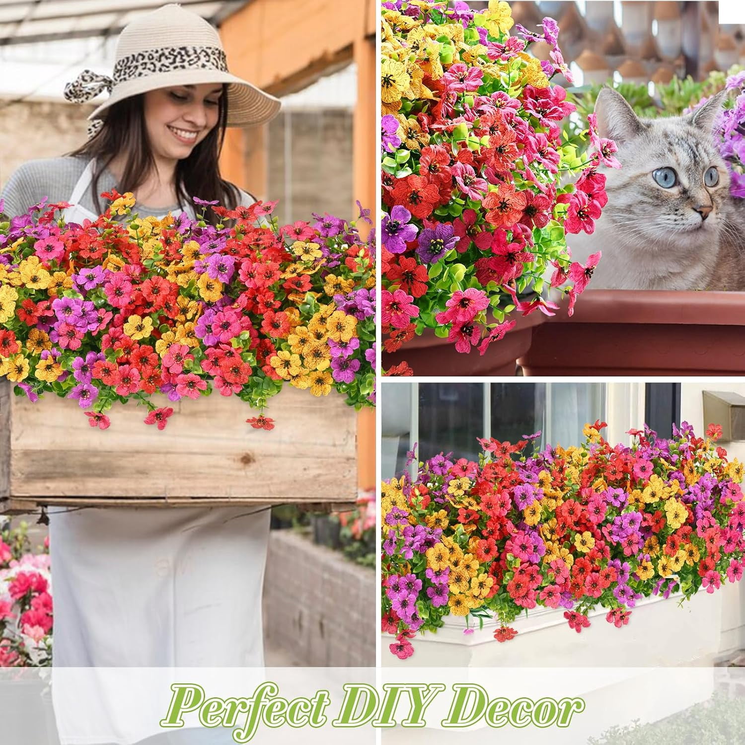 Yastouay 24 Bundles Artificial Flowers for Outdoors, UV Resistent Faux Outdoor Plants for Outside Spring Summer Decor