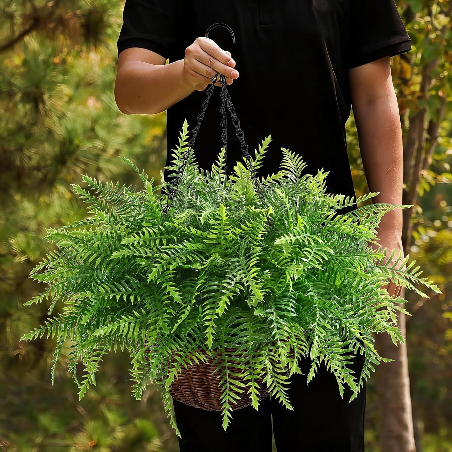 Yastouay Artificial Hanging Ferns Fake Boston Ferns with Basket Outdoor Faux Plants for Home Garden Porch Decor,2 Pcs