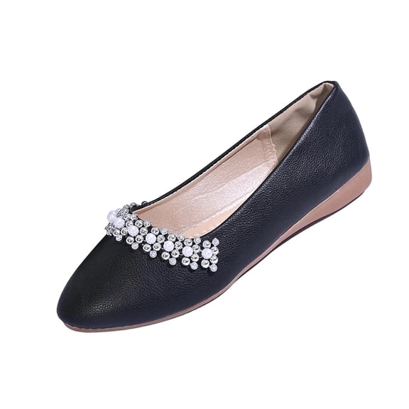 Womens Black Rhinestone Ballet Flats, Comfortable Slip-On Pearl Embellished Work Shoes,Size 7
