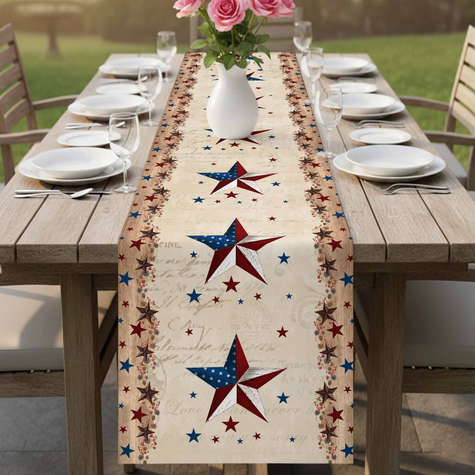 Independence Day Table Runner, Vintage U.S. Flag Country Stars Retro Letter Cotton Linen Kitchen Table Decoration Washable Dining Tabletop Runners for Home Party Decor 13x120 Inches