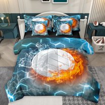 Homewish Baseball Sport Game 7-Piece Twin Bedding Sets,Modern Abstract Geometric Hexagon Bedding Comforter Set,Cyan White Orange Sheet Sets For Boys Kids,Super Cozy Room Decor Reversible