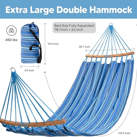 Hammocks Double Hammock with Curved Spreader Bar, Outdoor Portable Hammock with Carrying Bag & Tree Straps for Bedroom, Patio, Backyard, Balcony, Max 450lbs Capacity, Blue