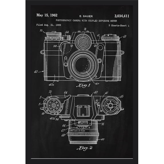 Blackboard Patent - Camera with Exposure Meter - Lantern Press Artwork (24x36 Giclee Art Print, Gallery Framed, Black Wood)