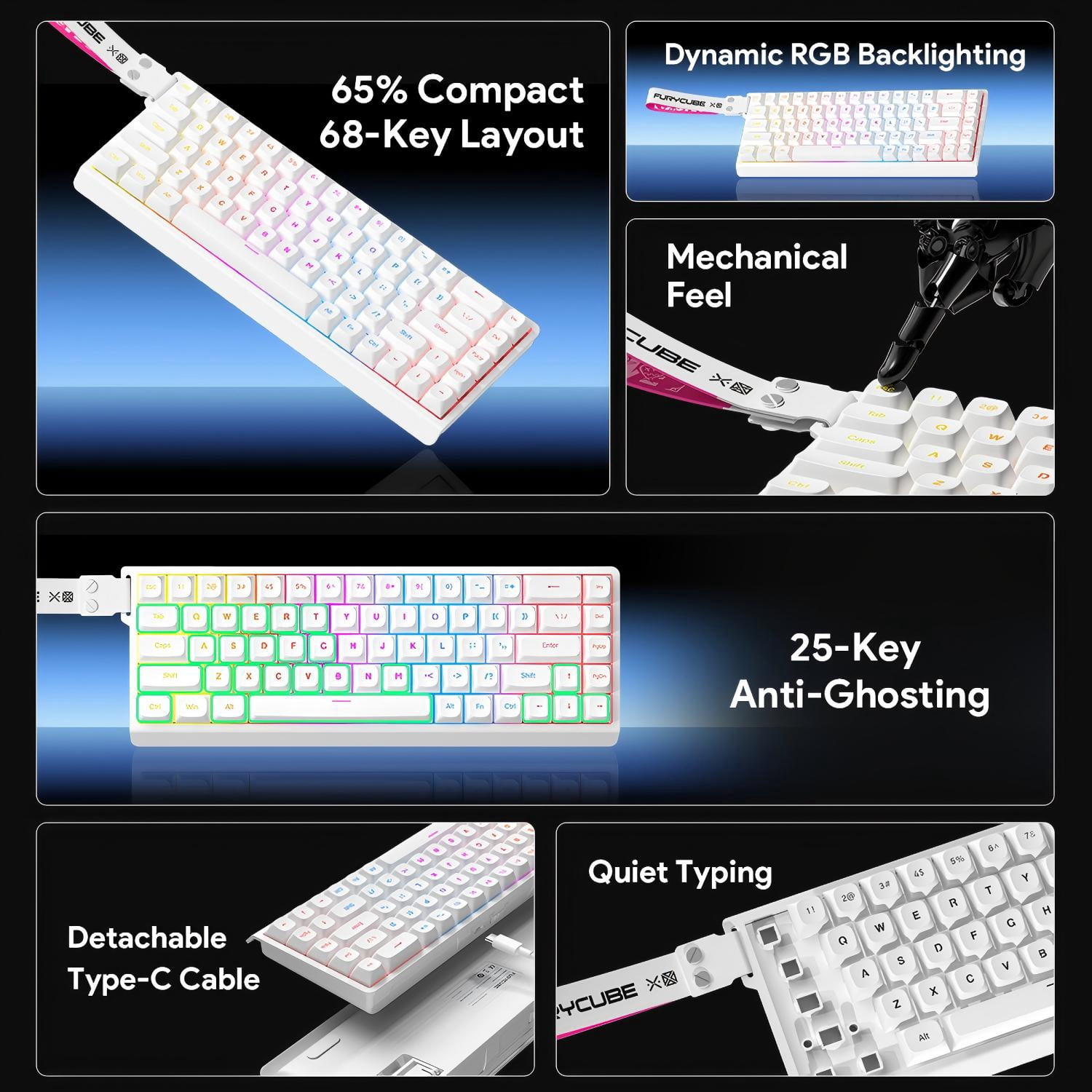 Rechale 60% Layout 68-Key Wired RGB Mechanical Feel Keyboard, PBT Keycaps, Removable Ribbon, Silent Gasket Structure, 8000Hz Polling Rate, Anti-Ghosting, RGB Backlit, for PC Gamers Office Windows Mac